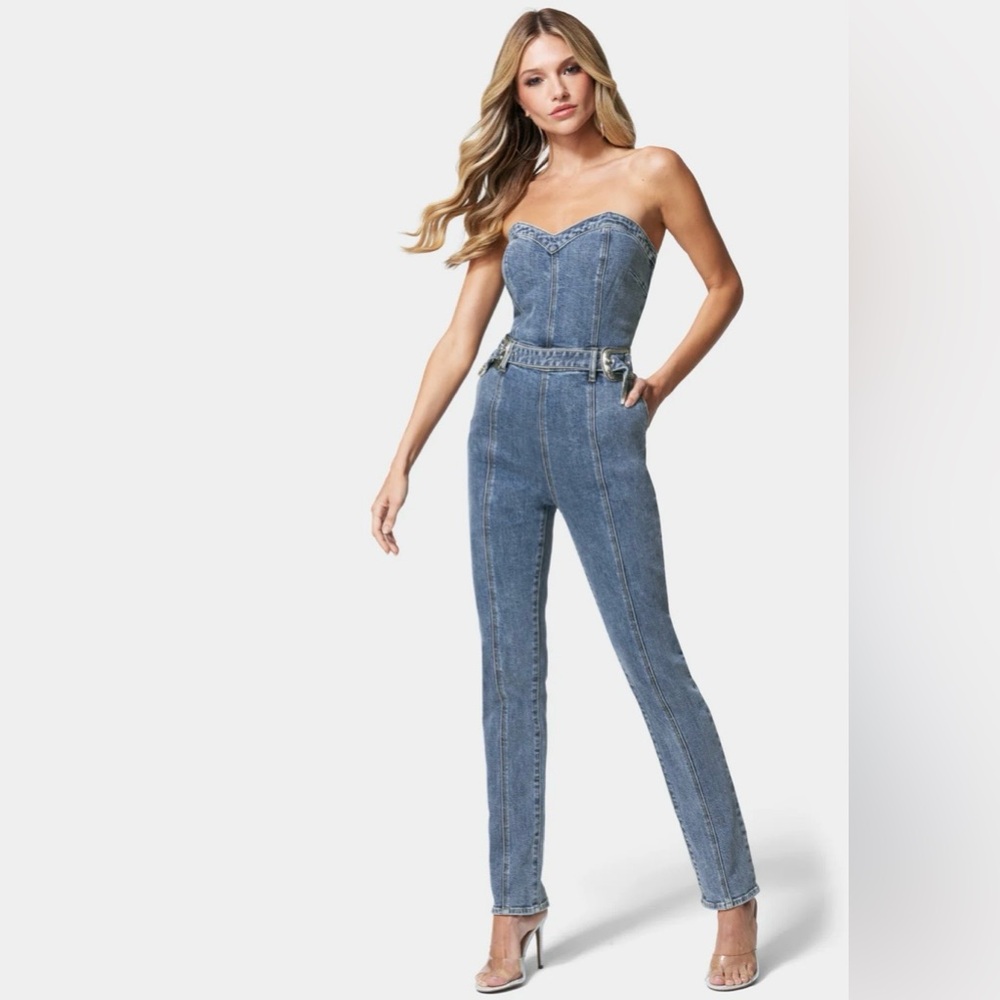 Bebe Belted Sweetheart Denim Jumpsuit Size 2
